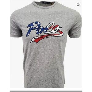 Polo Ralph Lauren T Shirt Mens Sz L Gray Script USA Flag Spell Out Short Sleeve